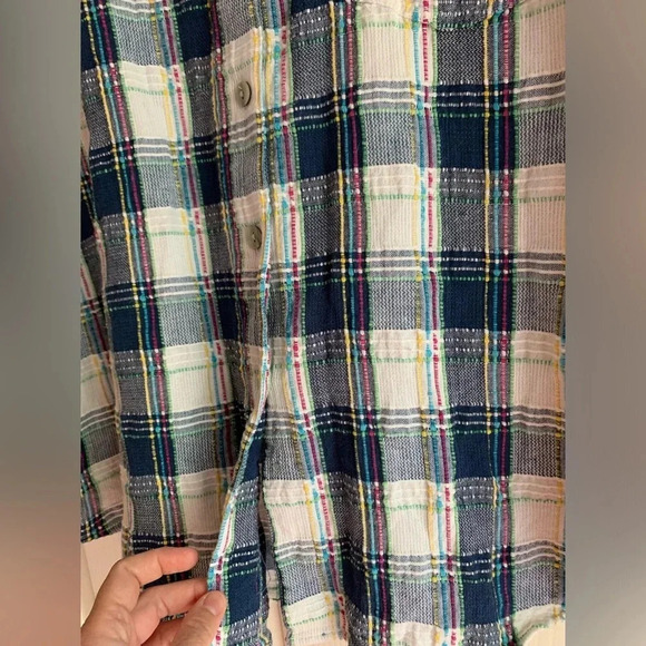 Lemon Grass Women's Textured Button Down Shirt Large Blue Pink Plaid Artsy - Picture 13 of 15